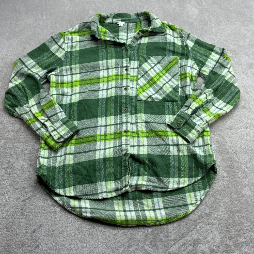 Aerie Flannel Shirt Womens XS Green Plaid Button Down High Low Hem Long Sleeve